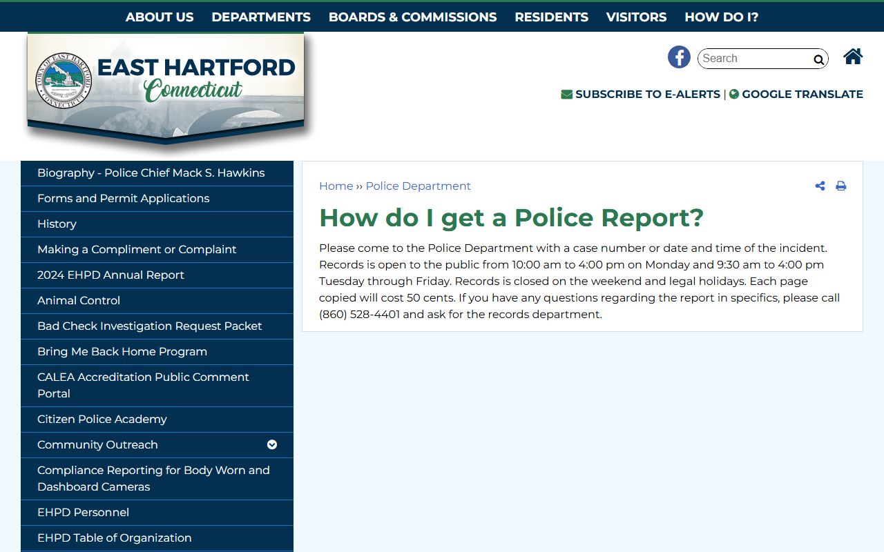 East Hartford County police report request instructions showing Records Division hours and copy fee for booking photo requests