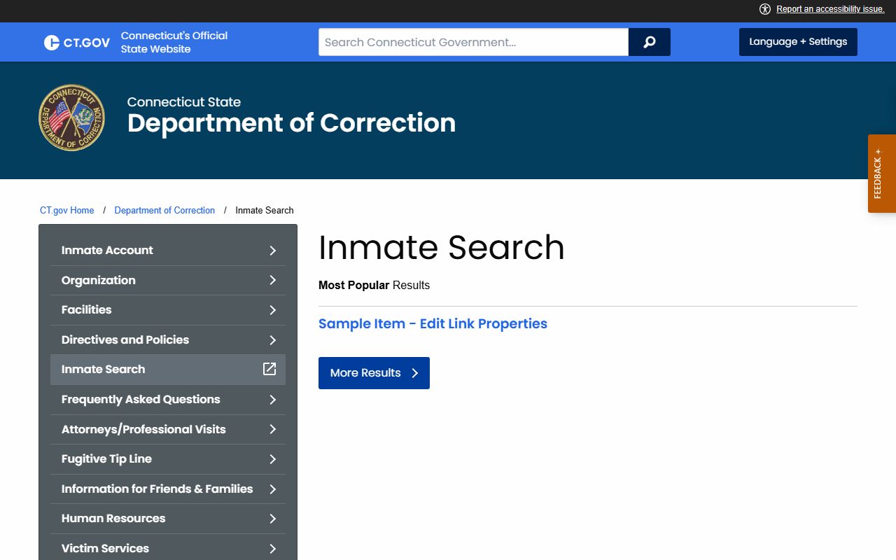 CT DOC inmate search landing page for the East Hartford County inmate population