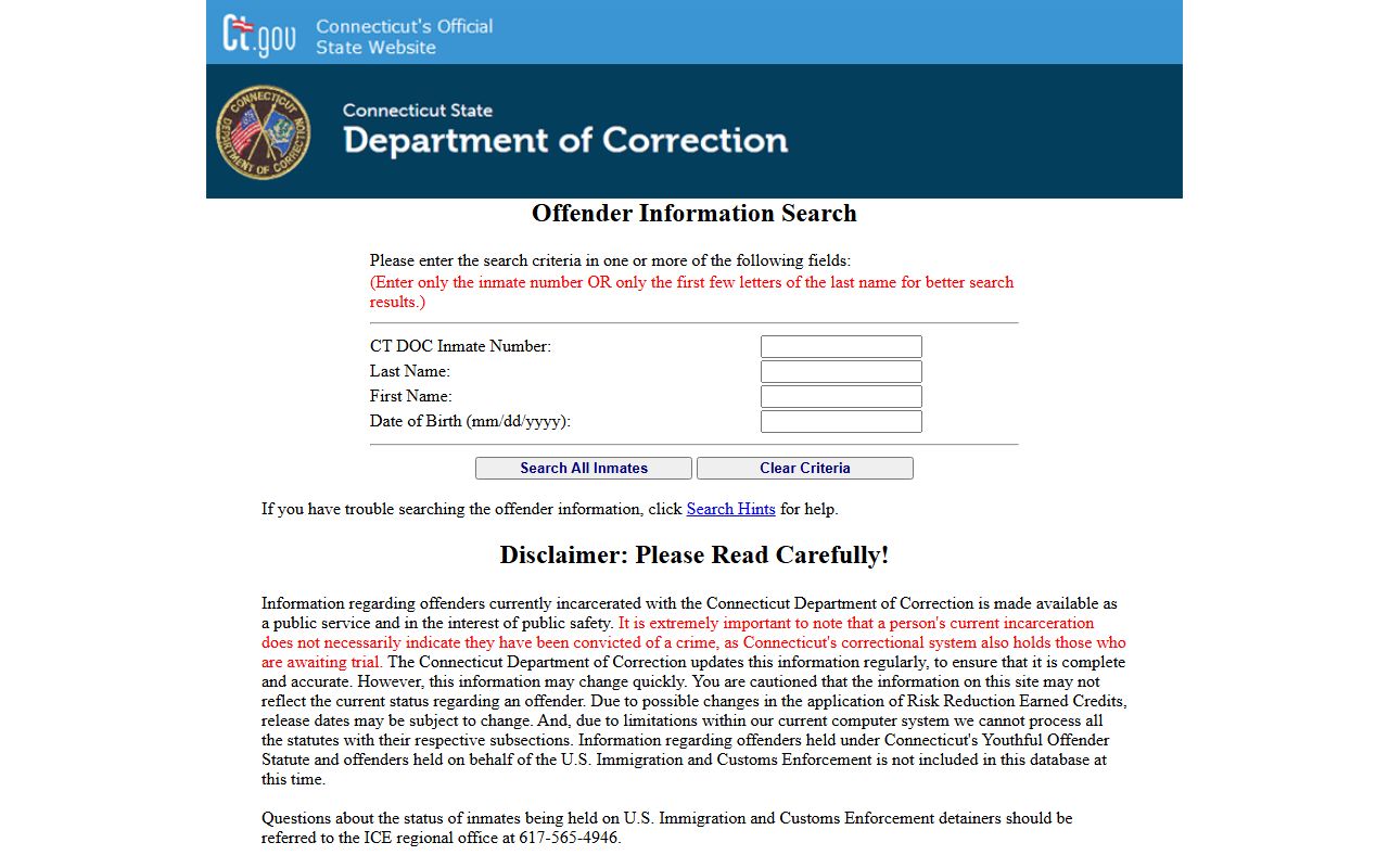 CT DOC inmate search portal used to look up the East Hartford County inmate population