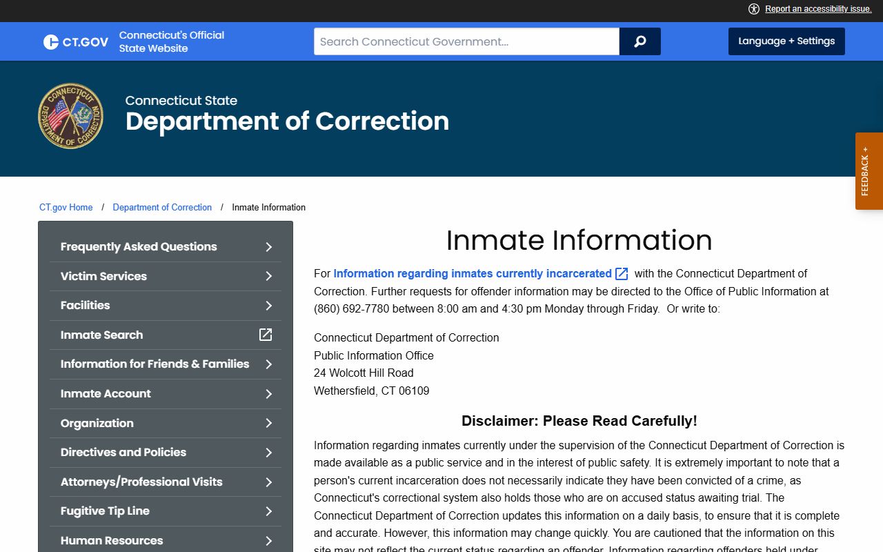 CT DOC inmate-information page explaining East Hartford County custody search coverage and limits