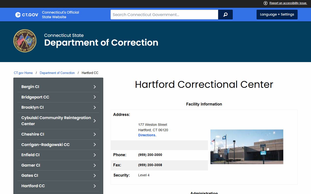 Hartford Correctional Center CT DOC facility page for East Hartford County inmate lookup
