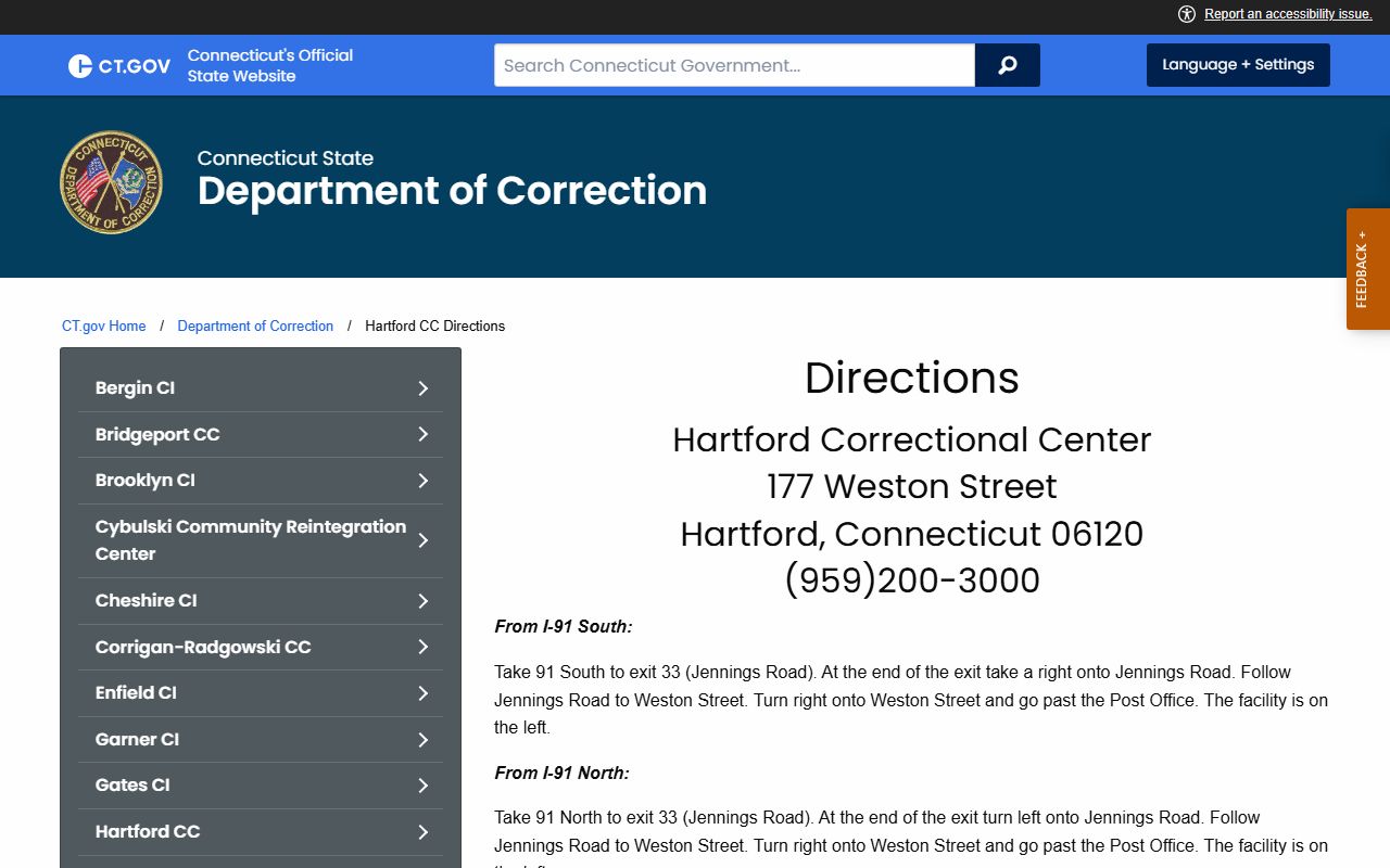 Official directions to Hartford Correctional Center for East Hartford County visitors