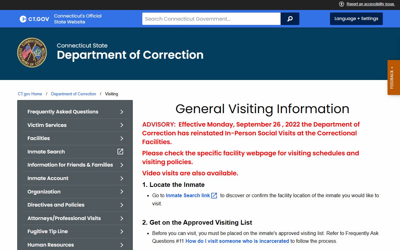 CT DOC visiting rules page for Hartford Correctional Center inmate visits in East Hartford County