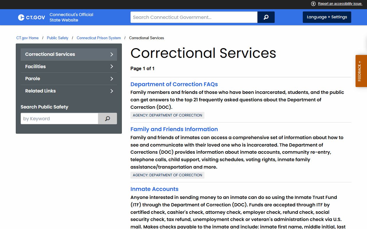 CT correctional services hub used for East Hartford County inmate records and custody search