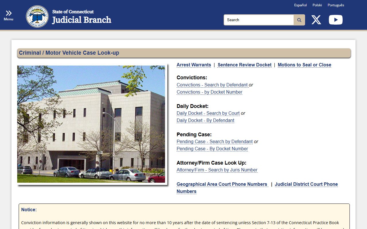 East Hartford County court records lookup on the Connecticut Judicial Branch criminal case hub