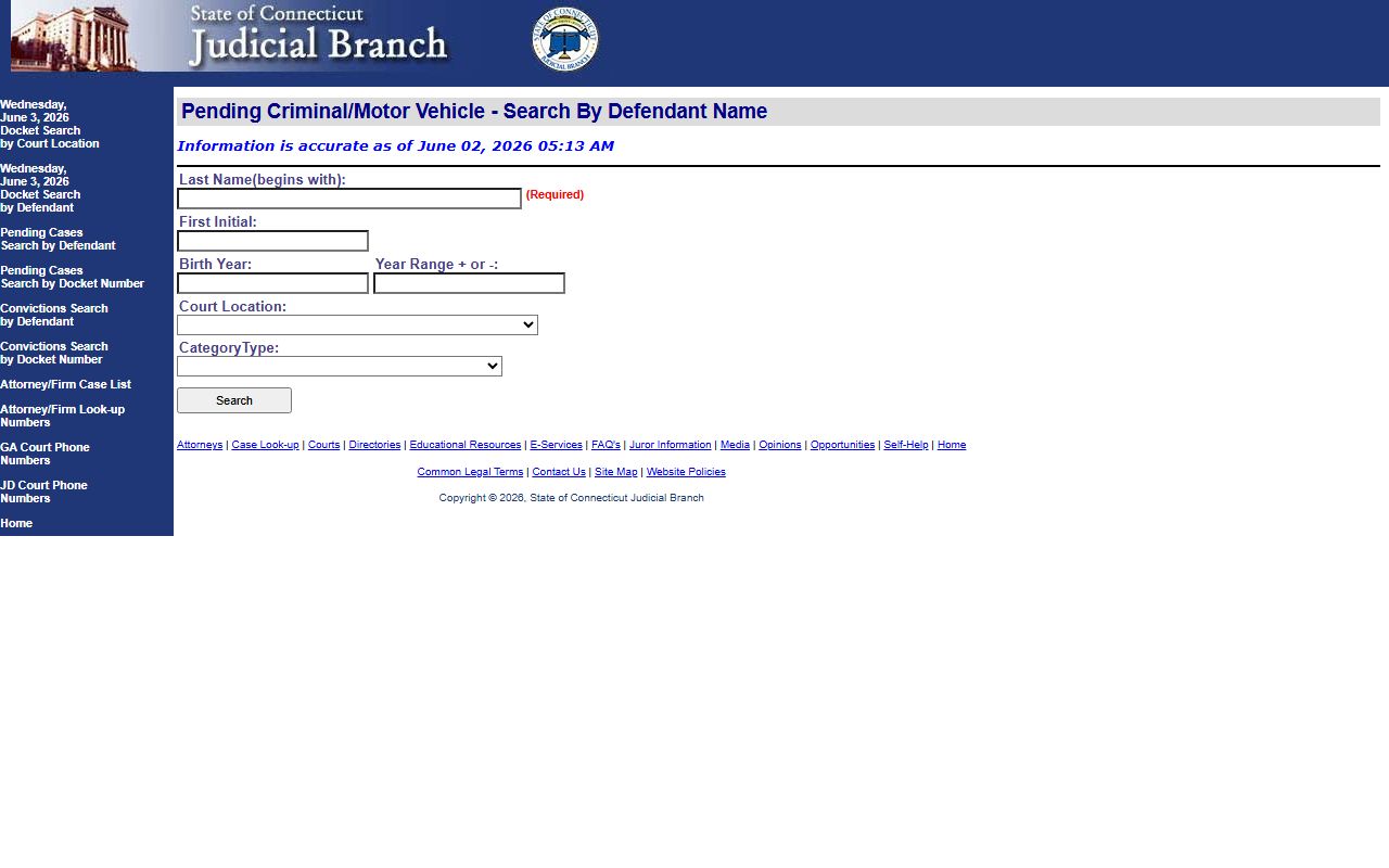 East Hartford County pending court case search by defendant on the CT Judicial Branch site