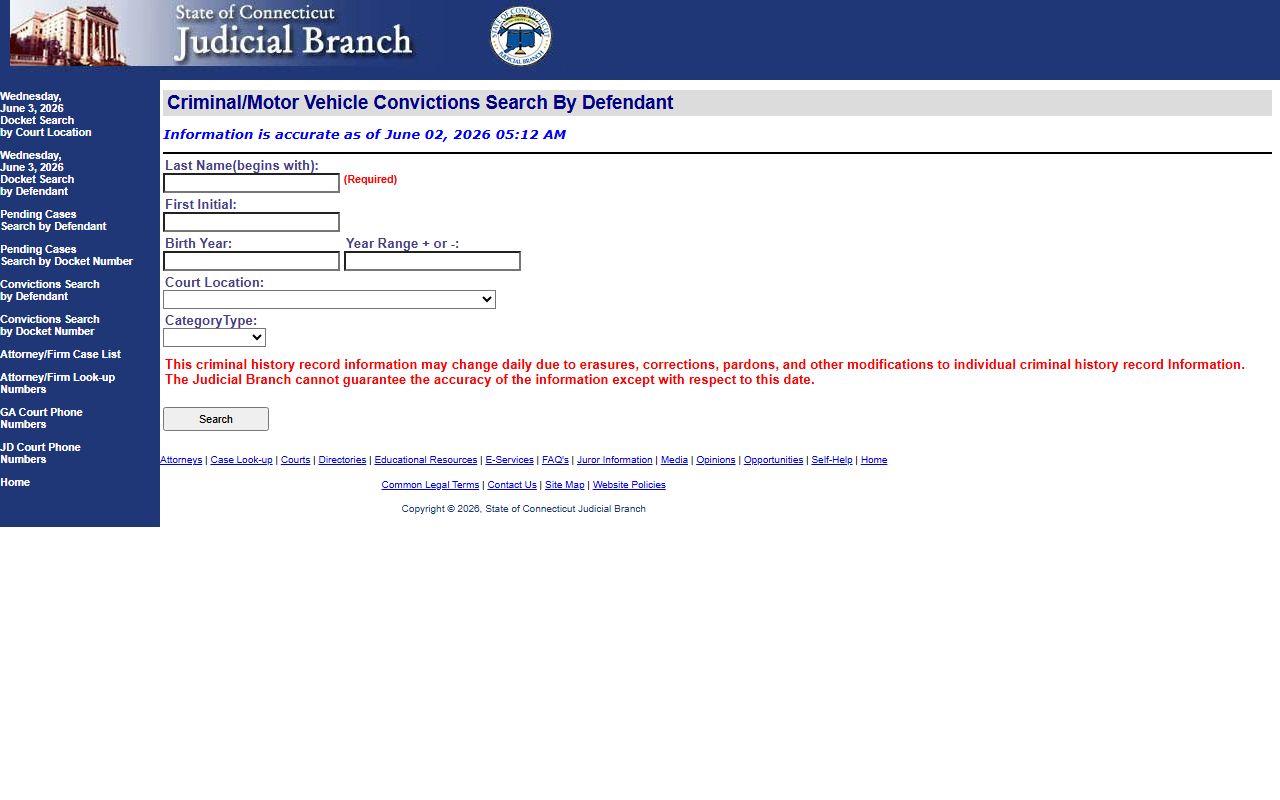 East Hartford County conviction court records search by defendant on the CT Judicial Branch site