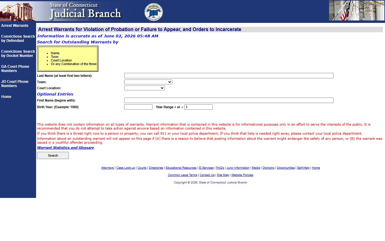 Connecticut Judicial Branch warrant lookup for East Hartford County failure to appear and violation of probation
