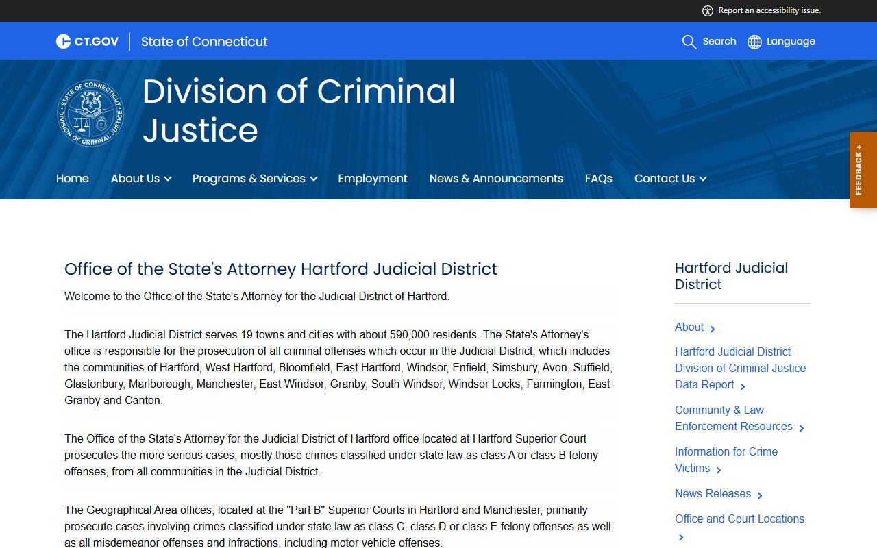 East Hartford County Hartford Judicial District State's Attorney page with prosecutor contact details
