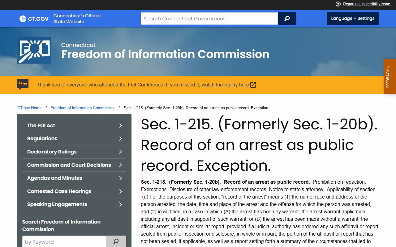 East Hartford County arrest record statute page on the Connecticut FOIC site explaining mugshot and booking photo access
