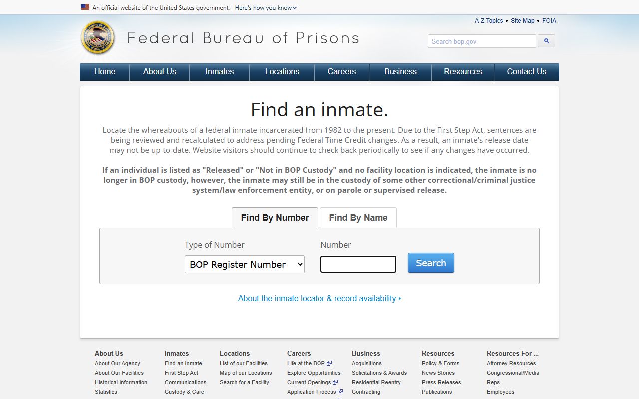 Federal BOP inmate locator used as an East Hartford County inmate records alternative