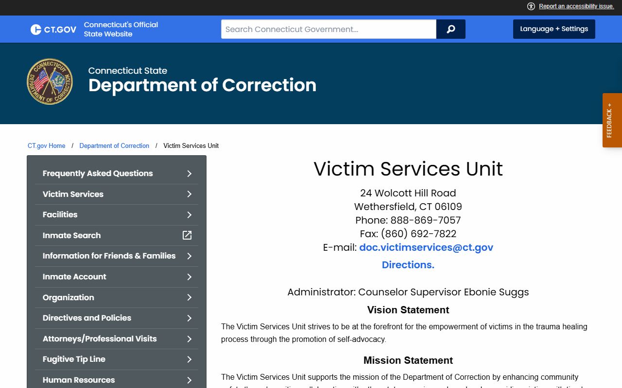 CT DOC Victim Services Unit page for East Hartford County custody notifications and inmate records alerts